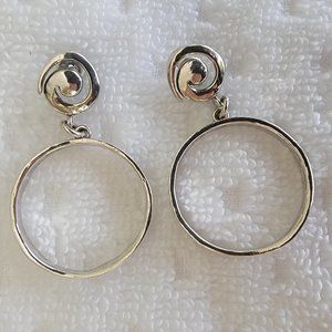 BILI SILVER ISRAEL LIGHTLY HAMMERED STERLING DROP HOOP EARRINGS W/ SWIRLED POSTS